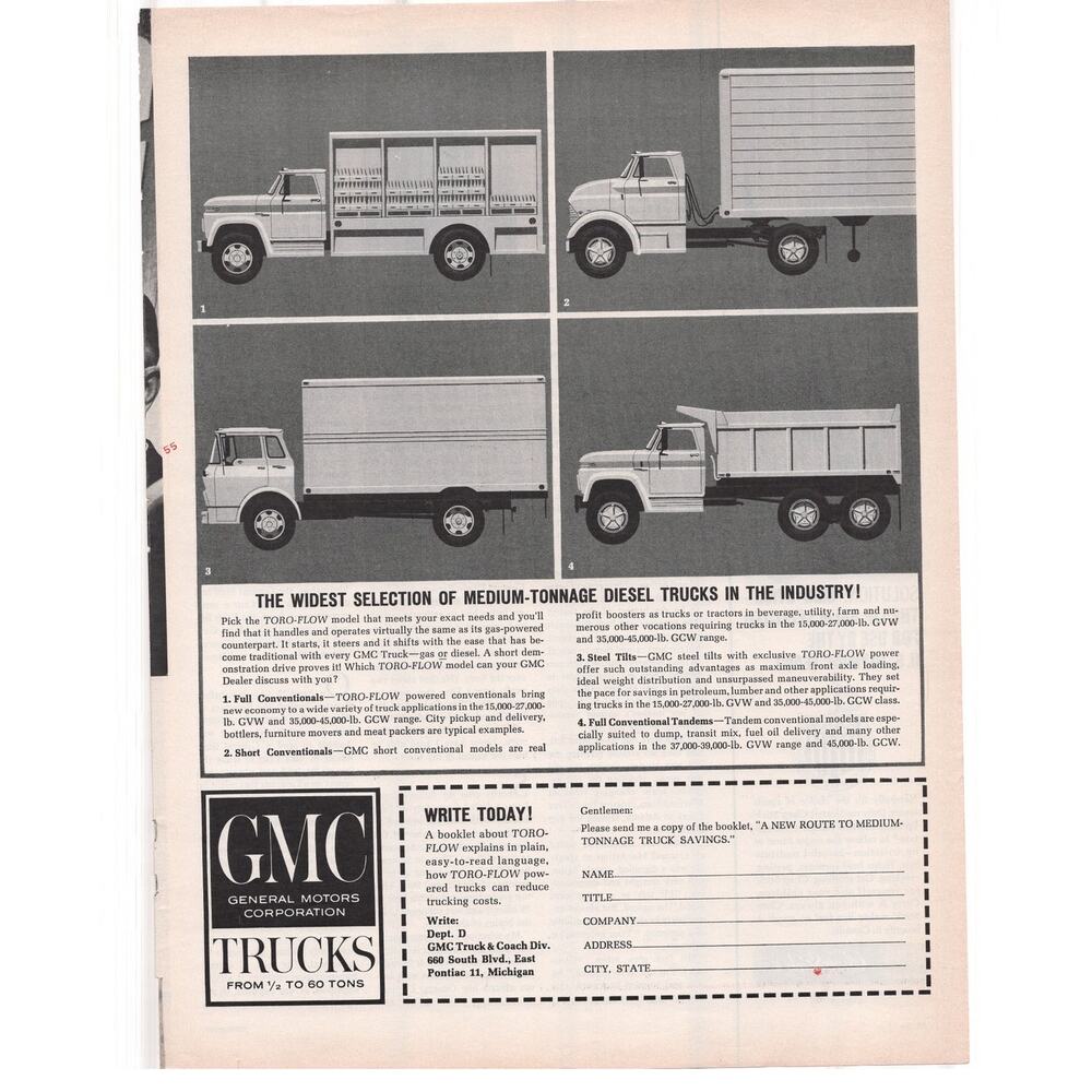 GMC Diesel Trucks Magazine Advertisement 1964 Vintage Toro Flow Medium Tonnage